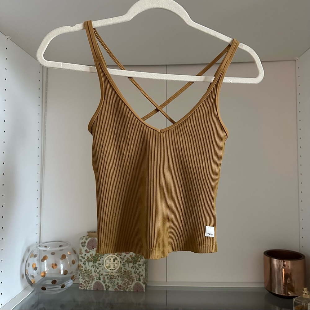Vuori Rib Crop Tank with Criss Cross Back in Dark Golden